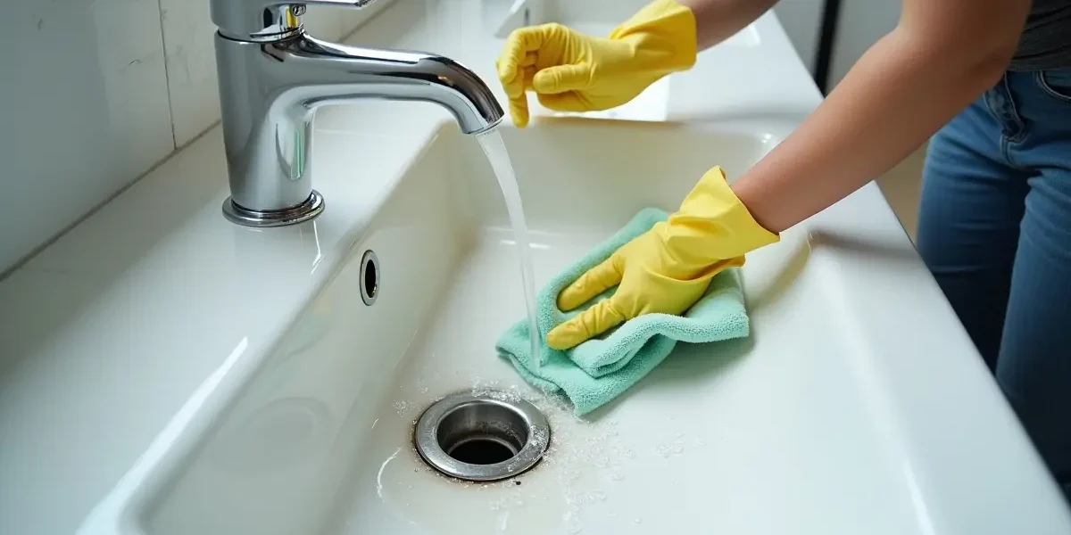 person cleaning bathroom sink drain to remove buildup and clogs