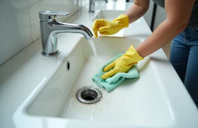 person cleaning bathroom sink drain to remove buildup and clogs