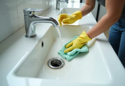 person cleaning bathroom sink drain to remove buildup and clogs